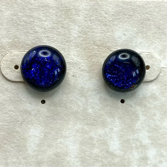 Blue Dichroic Glass Stud Earrings - Picture 3 of 4
